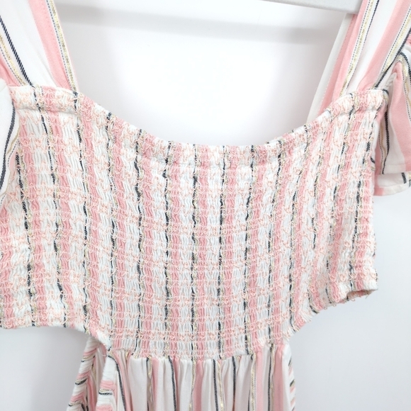 Blue Island Large Cutout Maxi Dress Striped Smocked Flutter Sleeve Pink White - Picture 5 of 9